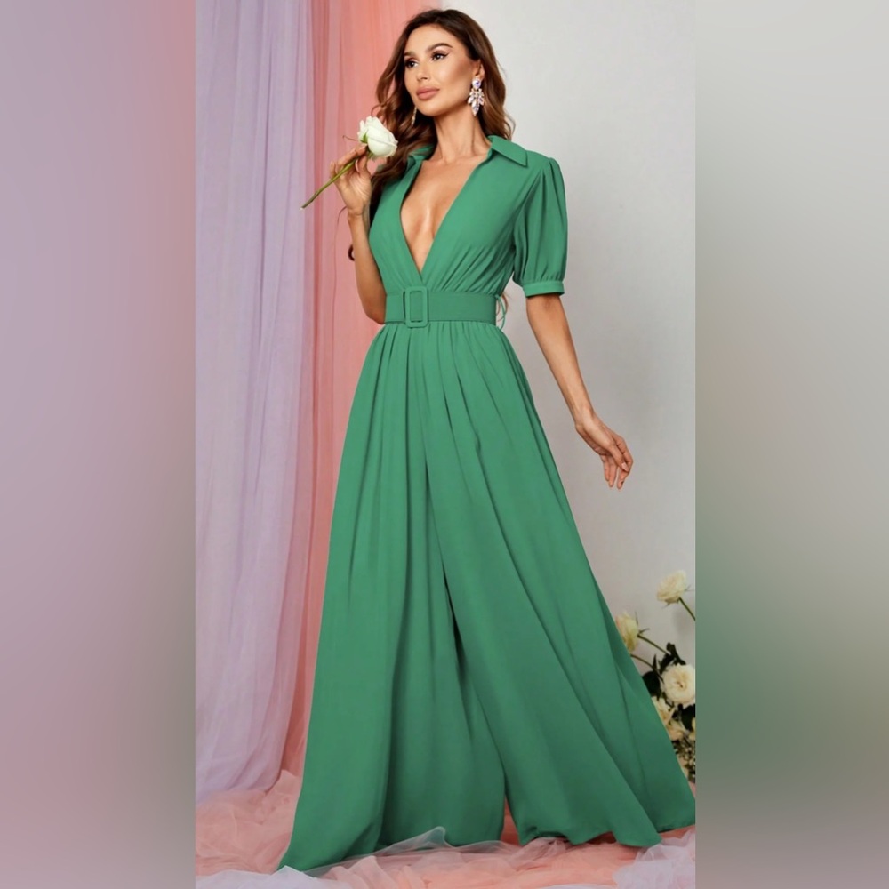 Deep V Short Sleeve Wide Leg Jumpsuit